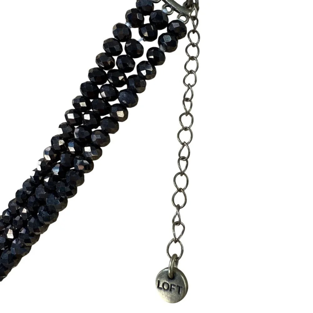 LOFT‎ Statement Necklace Black Silver Multi Strand Rhinestone Crystal Bib